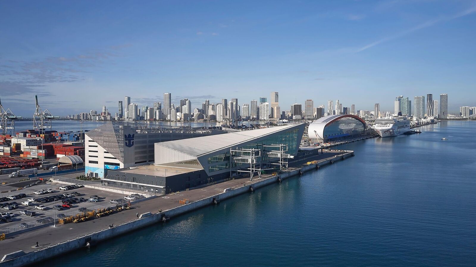 Aerial exterior view of Royal Caribbean Terminal A on the PortMiami waterfront