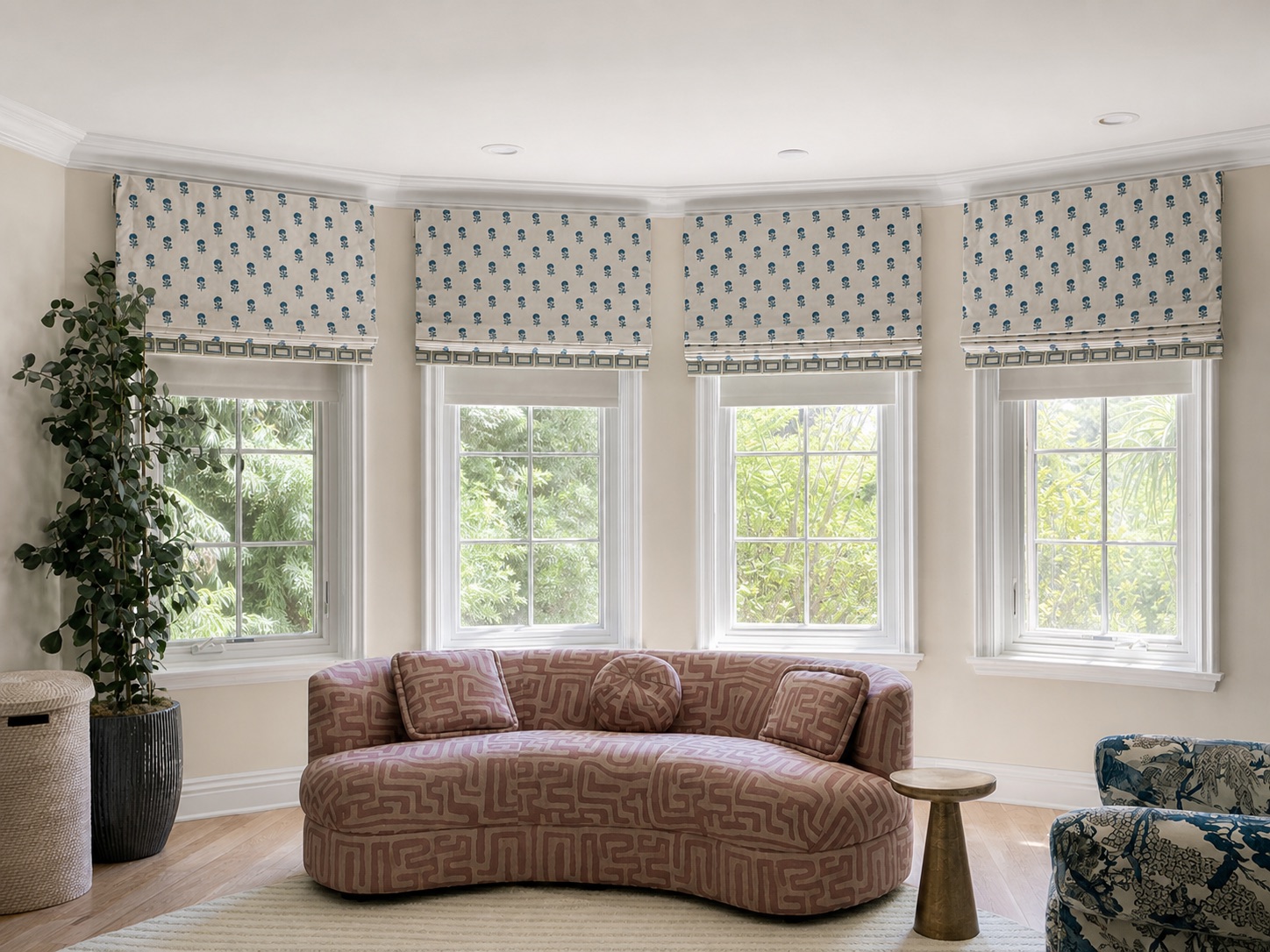Custom flat Roman shades in P/Kaufmann Thistle Embroidery Bluebell with Schumacher green trim